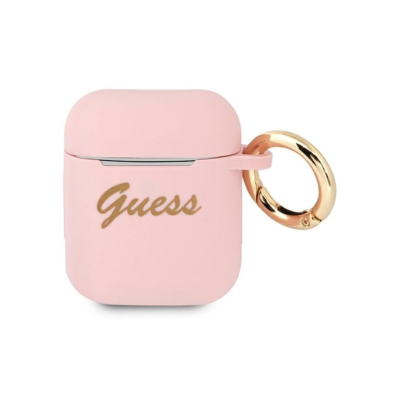 Guess Silicone Vintage Script dėklas, skirtas AirPods 1/ 2 – rožinis