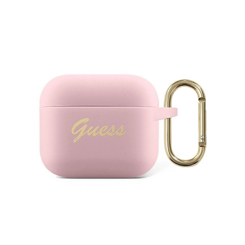 Guess Silicone Vintage Script dėklas, skirtas AirPods 3 – rožinis