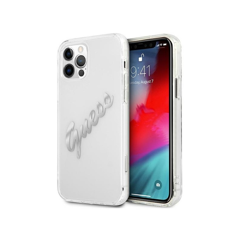 Guess Vintage Script Sidabrinis dėklas, skirtas iPhone 12 Pro Max - skaidrus Guess Vintage Script Sidabrinis dėklas, skirtas iPhone 12 Pro Max - skaidrus