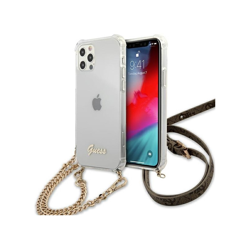 Guess 4G Brown Strap Gold Chain Case, skirtas iPhone 12 / iPhone 12 Pro – skaidrus
