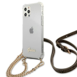 Guess 4G Brown Strap Gold Chain Case, skirtas iPhone 12 / iPhone 12 Pro – skaidrus