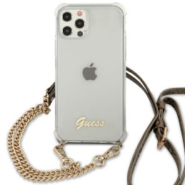 Guess 4G Brown Strap Gold Chain Case, skirtas iPhone 12 / iPhone 12 Pro – skaidrus