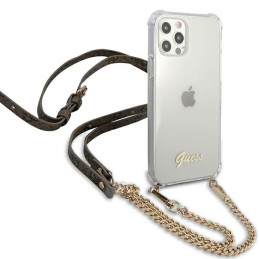 Guess 4G Brown Strap Gold Chain Case, skirtas iPhone 12 / iPhone 12 Pro – skaidrus