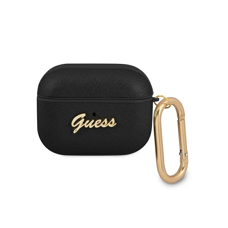 Guess Saffiano Script Metal Collection dėklas, skirtas AirPods Pro - juodas
