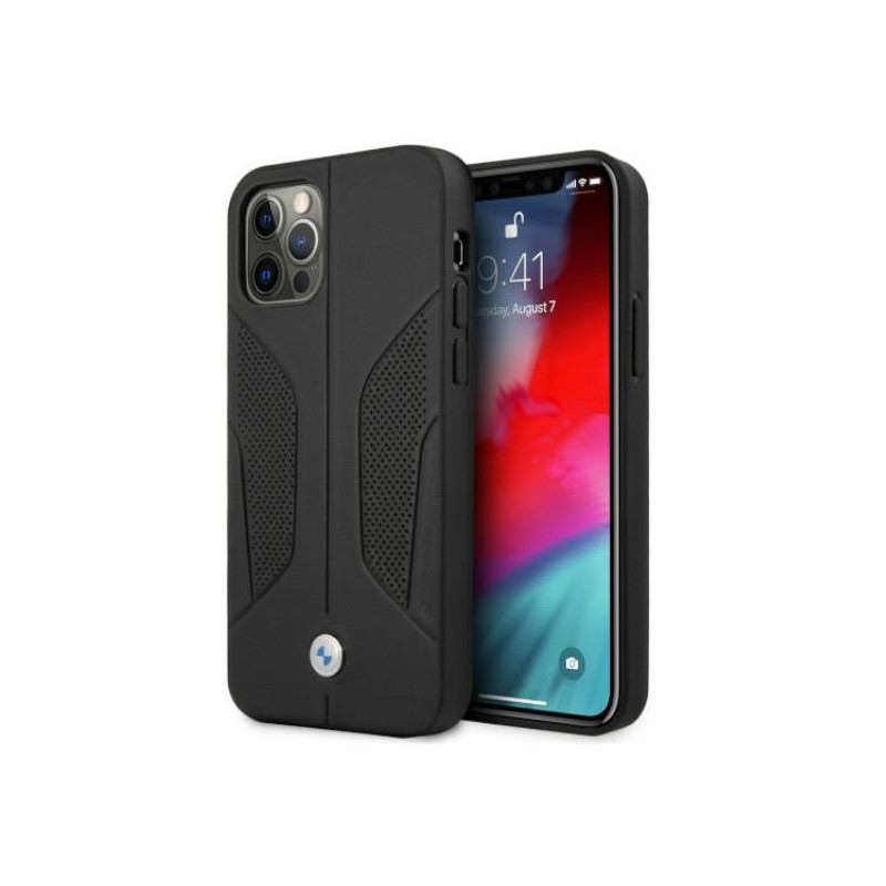 BMW odinis perforuotas šoninis dėklas iPhone 12 Pro Max - juodas