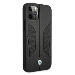 BMW odinis perforuotas šoninis dėklas iPhone 12 Pro Max - juodas