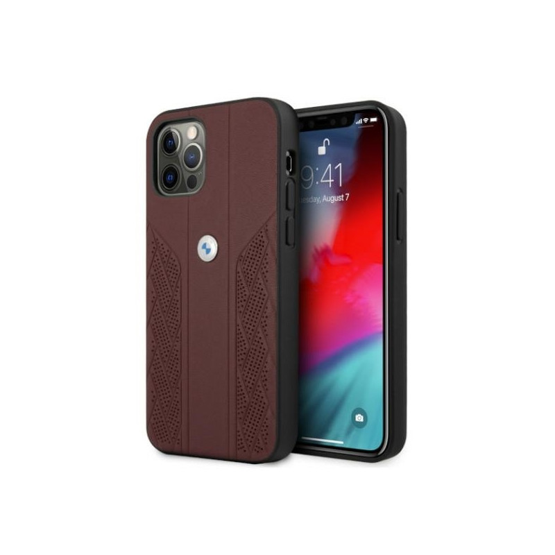 BMW Leather Curve Perforate dėklas iPhone 12 Pro Max - raudonas