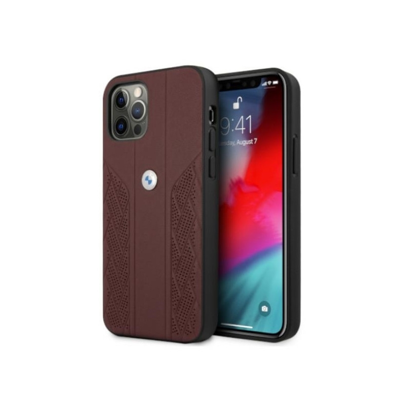 BMW Leather Curve Perforate dėklas iPhone 12 / iPhone 12 Pro - raudonas