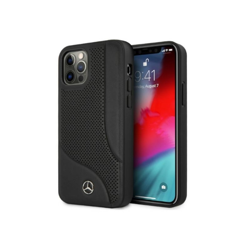 Mercedes Leather Perforated Area dėklas iPhone 12 Pro Max - juodas