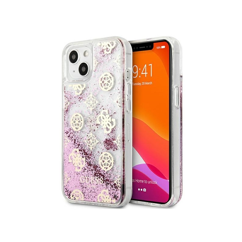 Guess Peony Liquid Glitter dėklas iPhone 13 mini - rožinis