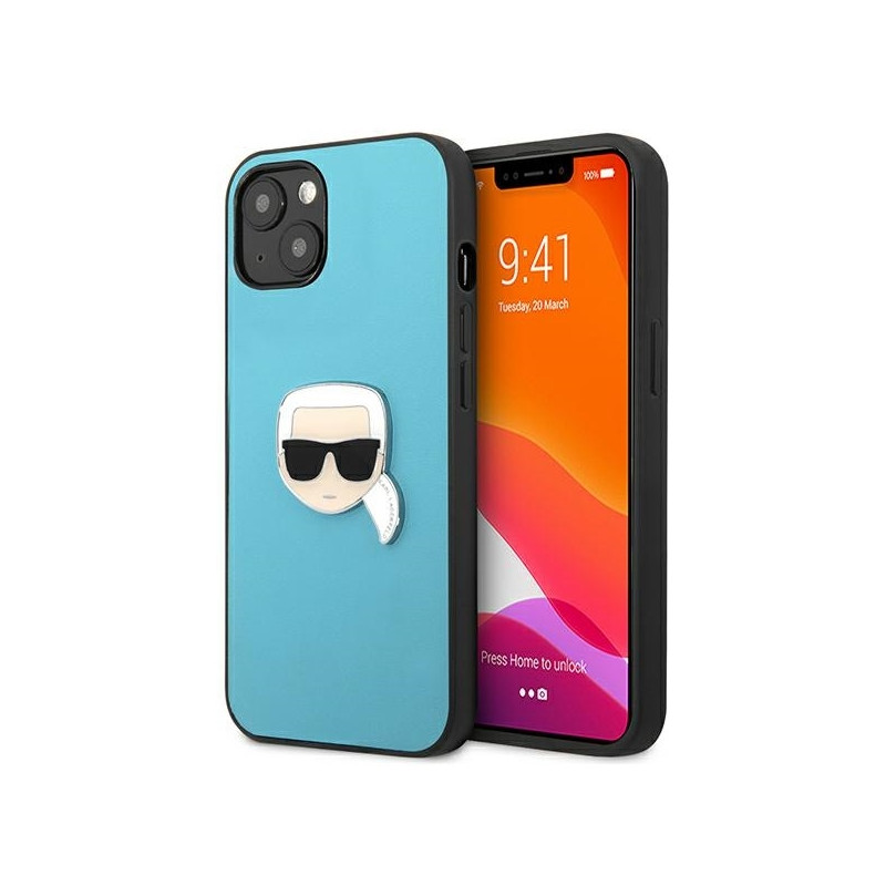 Karl Lagerfeld Leather Ikonik Karl& 39 s Head Metalinis dėklas iPhone 13 mini - mėlynas
