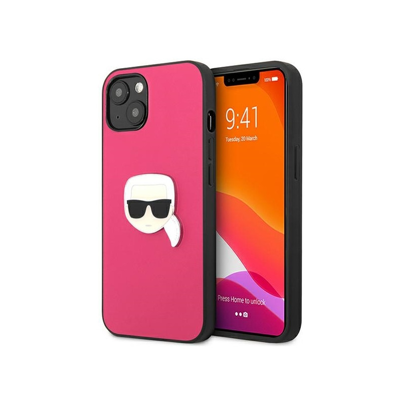 Karl Lagerfeld Leather Ikonik Karl& 39 s Head Metalinis dėklas iPhone 13 mini - rožinis