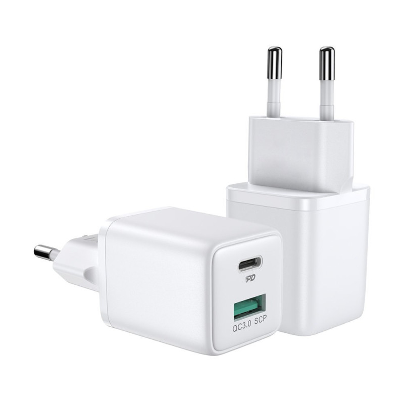 Joyroom sieninis įkroviklis (EU kištukas) USB / USB Type C 30W Power Delivery QuickCharge 3.0 AFC FCP baltas (L-QP303)