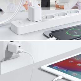 Joyroom sieninis įkroviklis (EU kištukas) USB / USB Type C 30W Power Delivery QuickCharge 3.0 AFC FCP baltas (L-QP303)