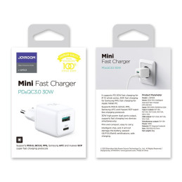 Joyroom sieninis įkroviklis (EU kištukas) USB / USB Type C 30W Power Delivery QuickCharge 3.0 AFC FCP baltas (L-QP303)