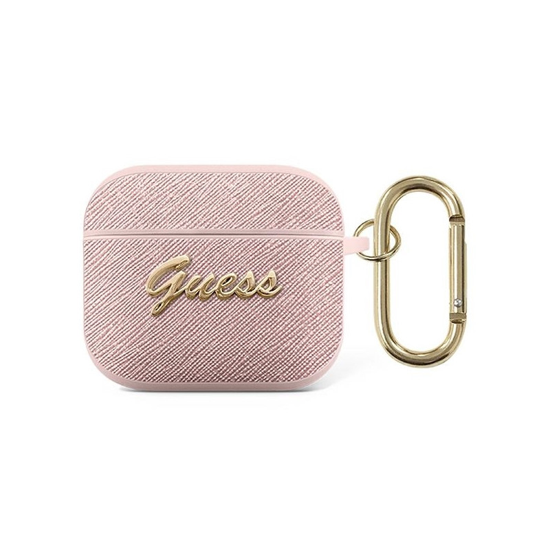 Guess Saffiano Script Metal Collection dėklas, skirtas AirPods 3 – rožinis