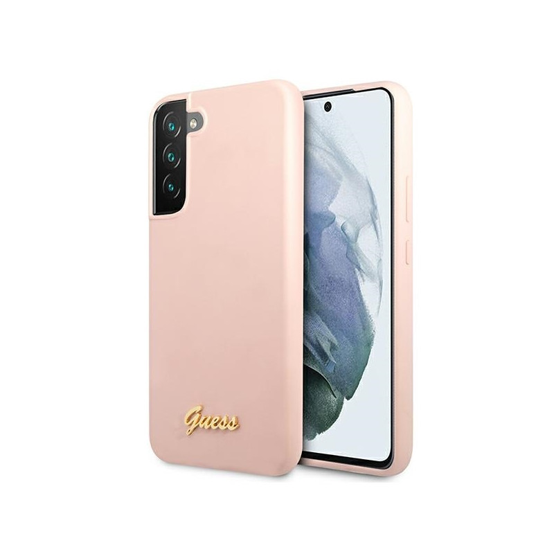 Guess Silicone Script Metal Logo dėklas, skirtas Samsung Galaxy S22+ - rožinis