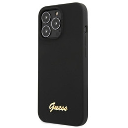 Guess Silicone Script Gold Logo MagSafe dėklas, skirtas iPhone 13 Pro / iPhone 13 – juodas