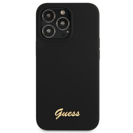 Guess Silicone Script Gold Logo MagSafe dėklas, skirtas iPhone 13 Pro / iPhone 13 – juodas