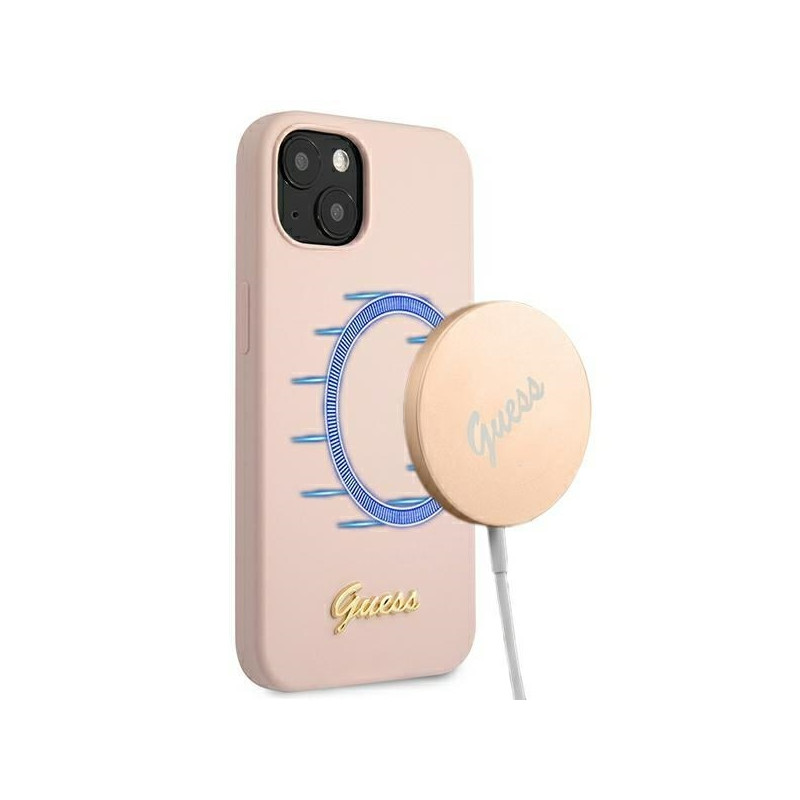 Guess Silicone Script Gold Logo MagSafe dėklas iPhone 13 - šviesiai rožinis
