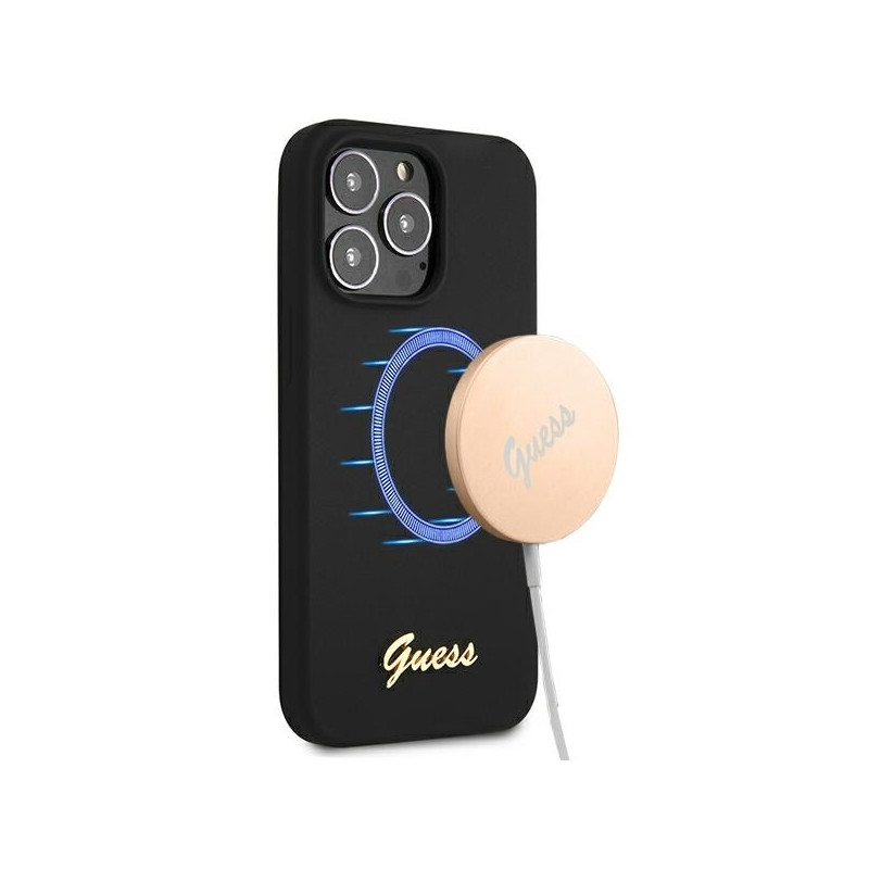 Guess Silicone Script Gold Logo MagSafe dėklas, skirtas iPhone 13 Pro Max - juodas