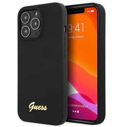 Guess Silicone Script Gold Logo MagSafe dėklas, skirtas iPhone 13 Pro Max - juodas