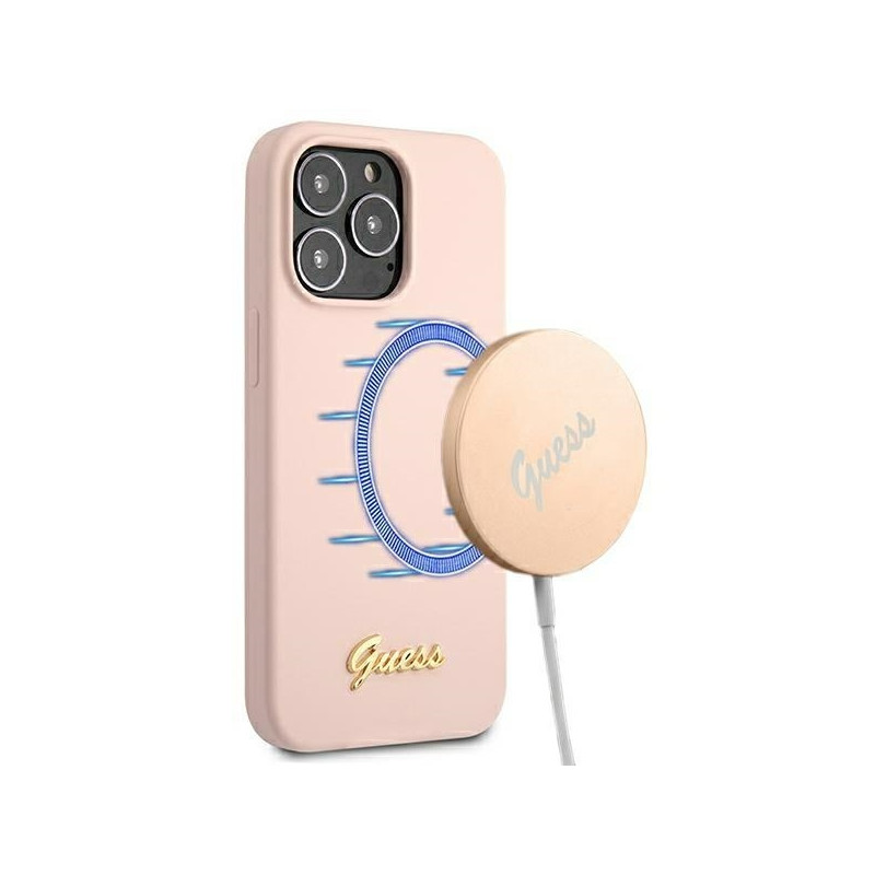 Guess Silicone Script Gold Logo MagSafe dėklas iPhone 13 Pro Max - šviesiai rožinis