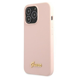 Guess Silicone Script Gold Logo MagSafe dėklas iPhone 13 Pro Max - šviesiai rožinis