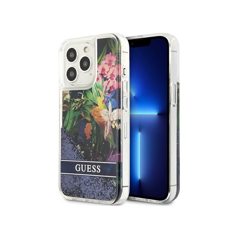 Guess Flower Liquid Glitter dėklas, skirtas iPhone 13 Pro / iPhone 13 - mėlynas
