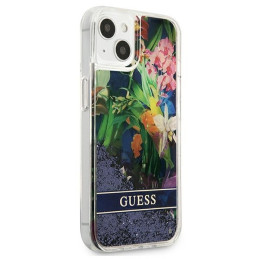 Guess Flower Liquid Glitter dėklas iPhone 13 mini - mėlynas