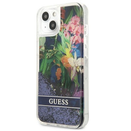 Guess Flower Liquid Glitter dėklas iPhone 13 mini - mėlynas