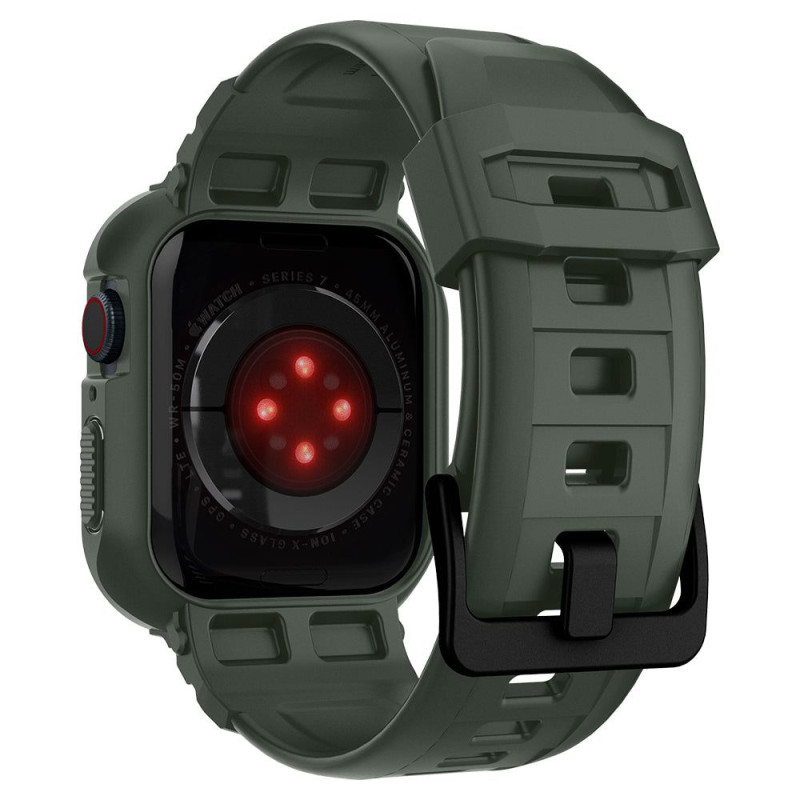 „Spigen Rugged Armor Pro“ dėklas su dirželiu, skirtas Apple Watch 4/ 5/ 6/ 7/ 8/ SE (44/ 45 mm) – žalias