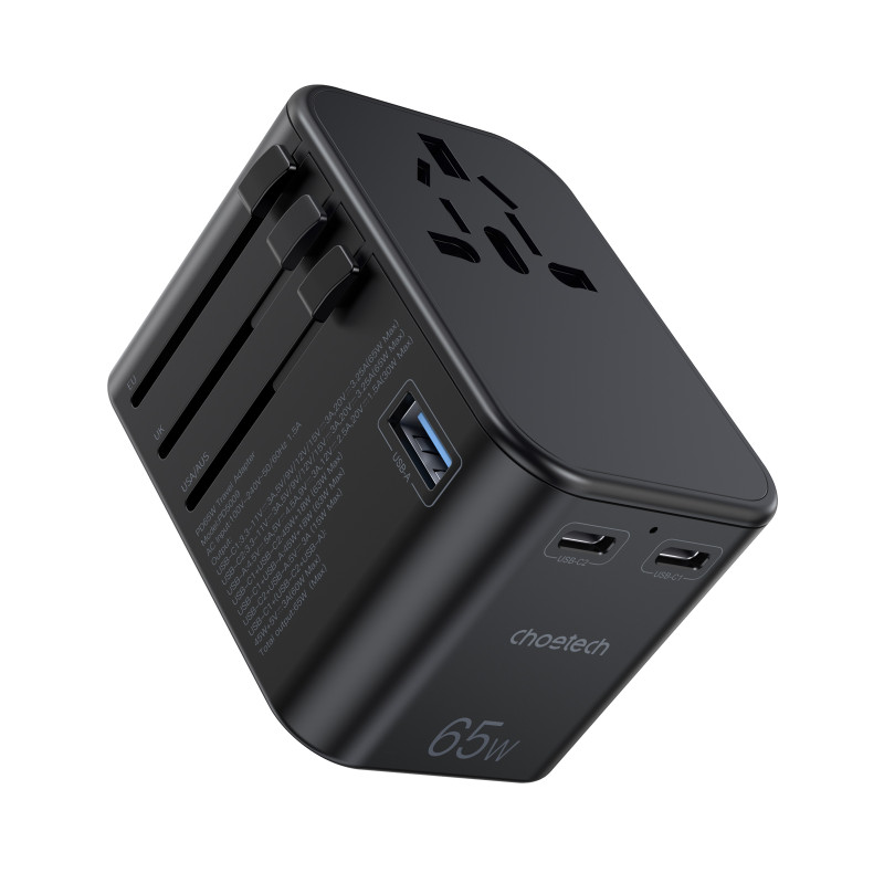 Choetech PD5009-BK GaN EU / JAV / JK / AU 2x USB-C USB-A 65 W PD kelioninis adapteris - juodas