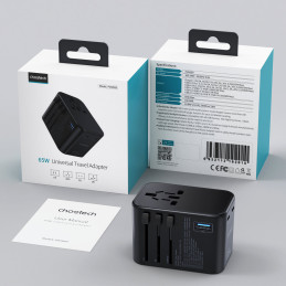 Choetech PD5009-BK GaN EU / JAV / JK / AU 2x USB-C USB-A 65 W PD kelioninis adapteris - juodas