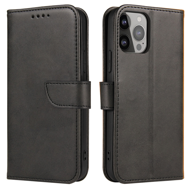 Magnet Case elegantiškas dėklas su atvartu ir stovo funkcija, skirtas iPhone 13 Pro Max, juodas