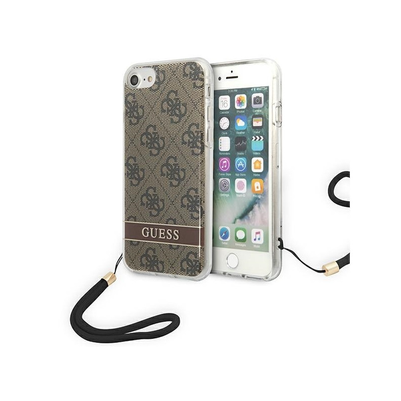 Guess 4G Print Strap dėklas, skirtas iPhone SE 2022 / SE 2020 / 7 / 8 - ruda