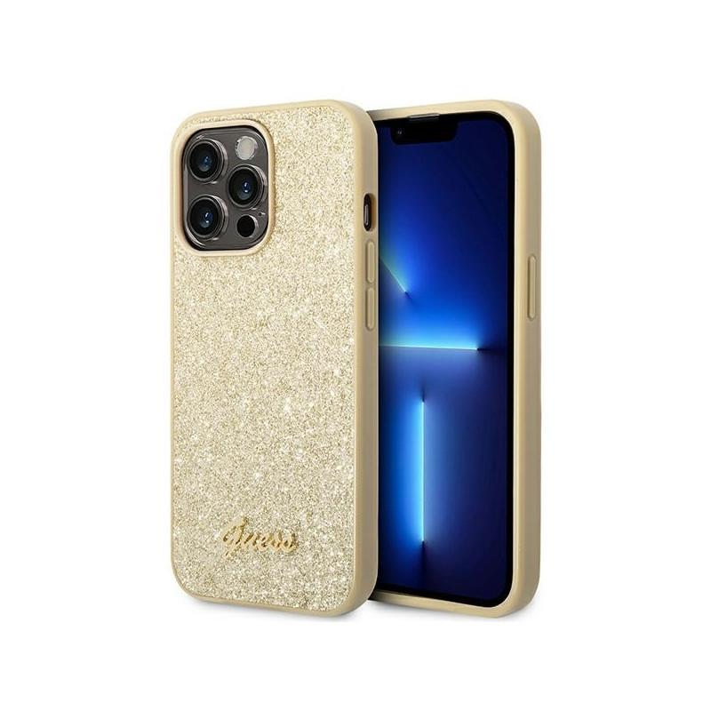 Guess GUHCP14XHGGSHD iPhone 14 Pro Max 6,7 colio auksinis/ auksinis kietas dėklas Glitter Script