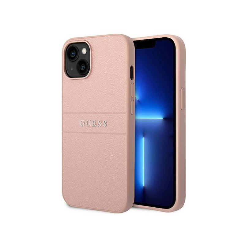Guess Saffiano Strap dėklas iPhone 14 Plus - rožinis