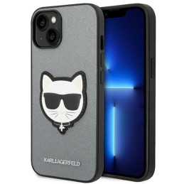 Karl Lagerfeld Saffiano Choupette Head Patch dėklas iPhone 14 Plus - sidabrinis