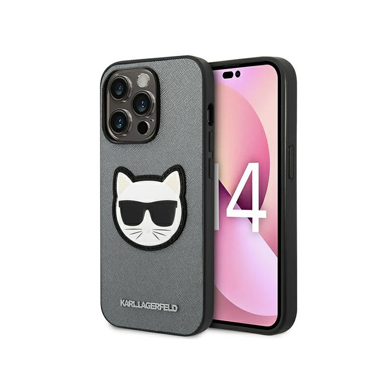 Karl Lagerfeld Saffiano Choupette Head Patch dėklas iPhone 14 Pro - sidabrinis