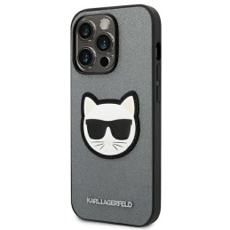 Karl Lagerfeld Saffiano Choupette Head Patch dėklas iPhone 14 Pro - sidabrinis