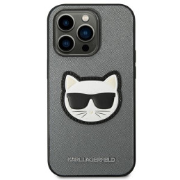 Karl Lagerfeld Saffiano Choupette Head Patch dėklas iPhone 14 Pro - sidabrinis