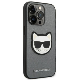 Karl Lagerfeld Saffiano Choupette Head Patch dėklas iPhone 14 Pro - sidabrinis