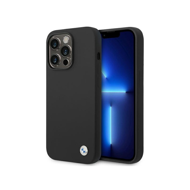 BMW Silicone Metal Logo dėklas iPhone 14 Pro - juodas