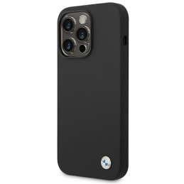 BMW Silicone Metal Logo dėklas iPhone 14 Pro - juodas
