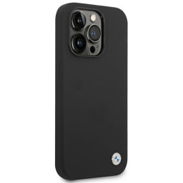 BMW Silicone Metal Logo dėklas iPhone 14 Pro - juodas