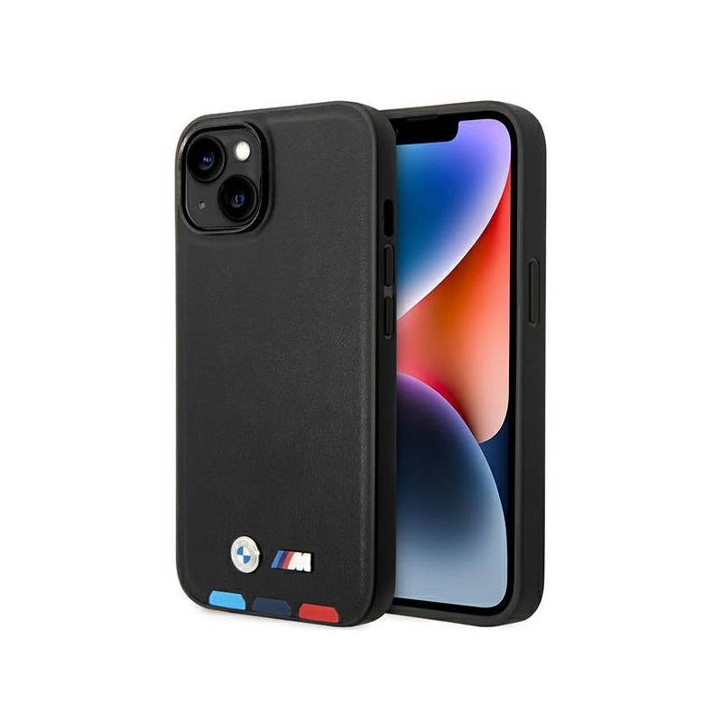 BMW Leather Stamp Tricolor dėklas iPhone 14 Plus - juodas