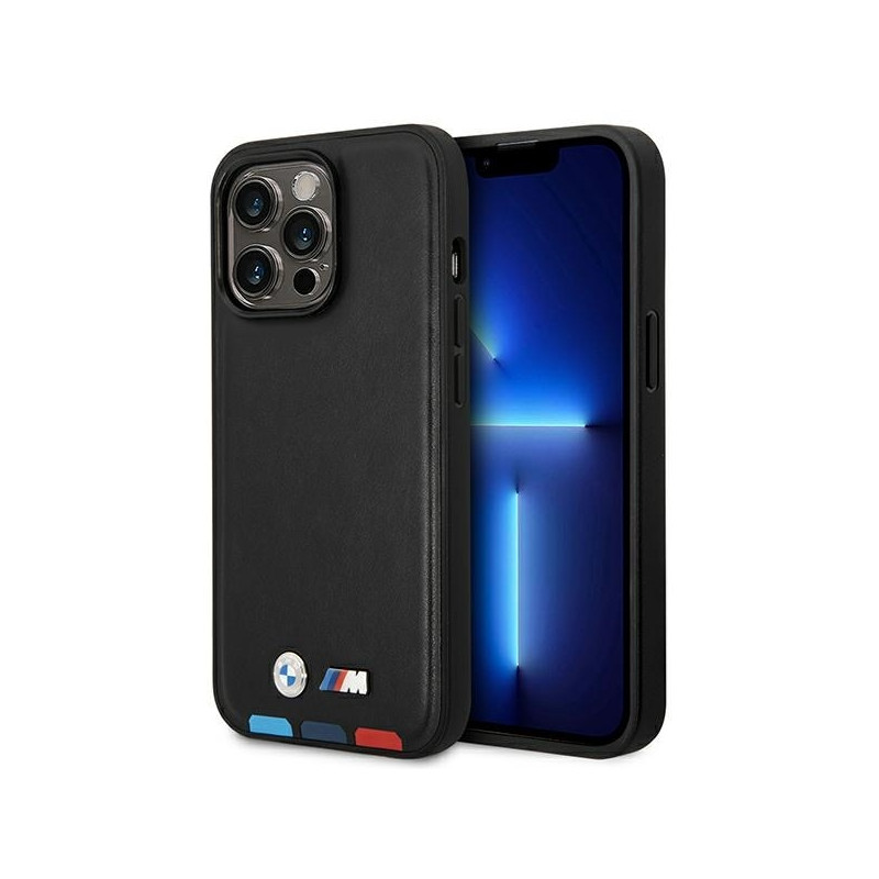 BMW Leather Stamp Tricolor MagSafe dėklas iPhone 14 Pro Max - juodas