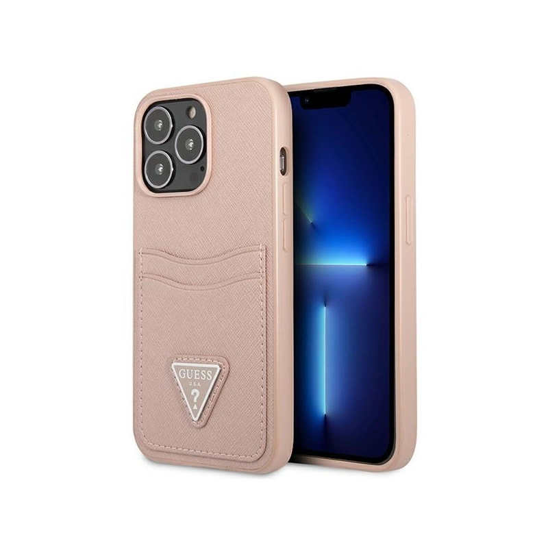 Guess Saffiano Triangle Logo Cardslot dėklas, skirtas iPhone 13 Pro Max – rožinis