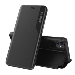 Elegantiškas Eco Leather View Case dėklas su atvartu ir stovo funkcija, skirtas iPhone 13 Pro Max, juodas